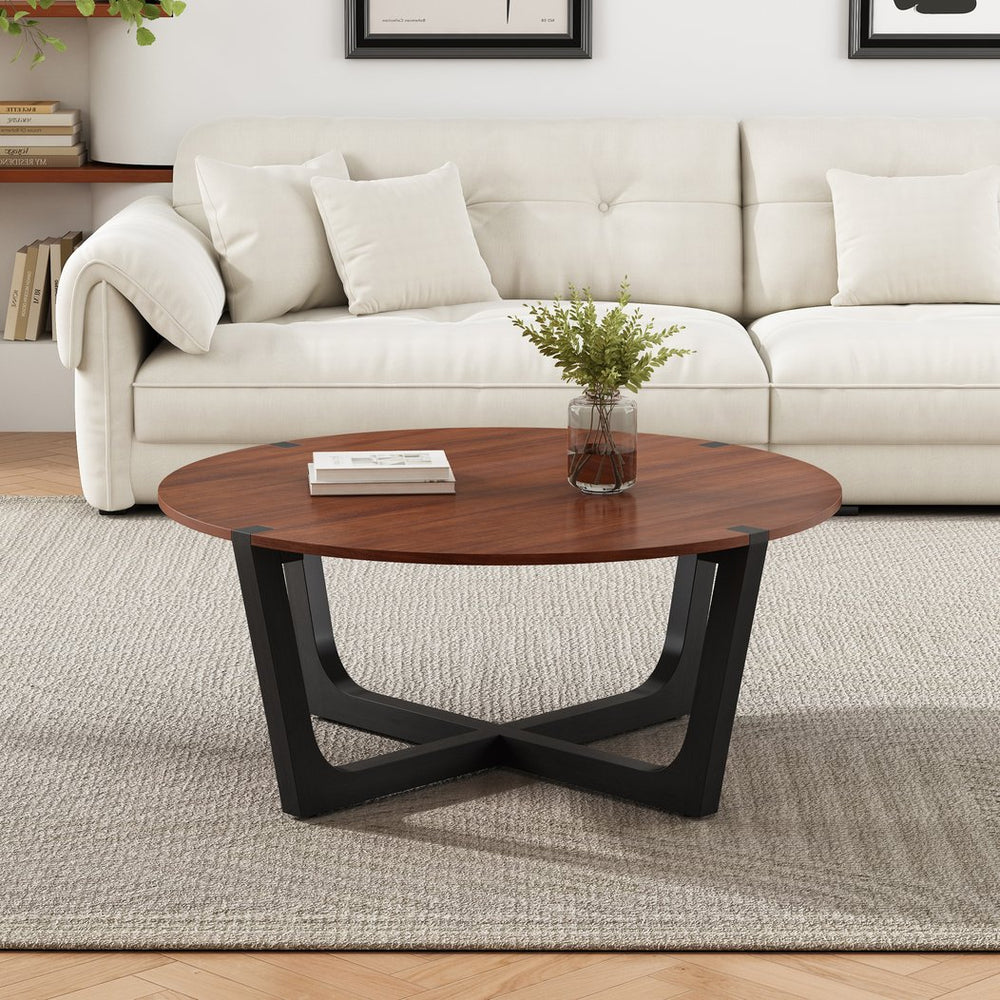 English Elm Christopher Knight Home® - ACACIA Solid Wood Coffee Table 30" Round Top on Minimalist Base, Durable Veneer, Modern Flair Brown+Black N770P269892B