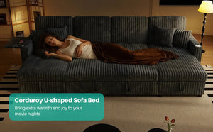 English Elm U Shaped Corduroy Sectional Sleeper Sofa with Storage Chaise for Large Living Rooms W1825P439250