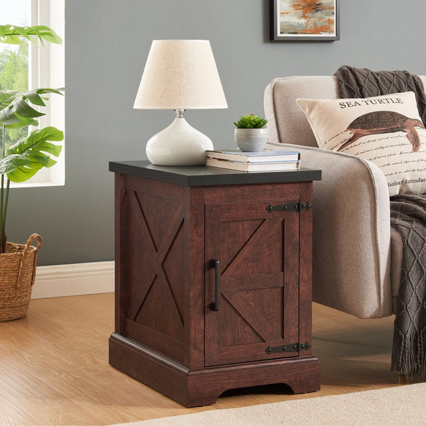 English Elm Farmhouse Rustic End Table with Barn Door Concealed Storage, Metal Handle, Retro Decor, Sturdy Base Oak W2275P192794