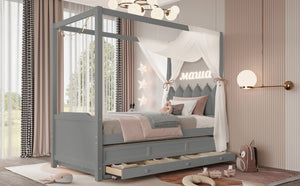 English Elm Full Bunk Bed with Trundle Bookshelf Storage Pine Frame Car Design for Kids W1580S00316