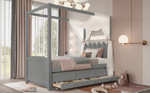 English Elm Full Bunk Bed with Trundle Bookshelf Storage Pine Frame Car Design for Kids W1580S00316
