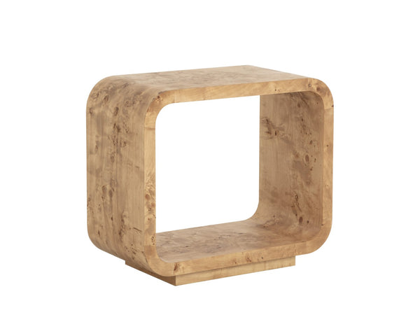 Sunpan ROWENA End Table - Modern Sculptural Design with Rich Burl Veneer for Sophisticated Living Spaces 112669
