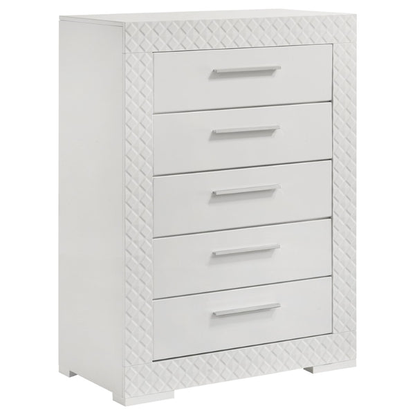English Elm Pierce Five Drawer Chest with Diamond Emboss Texture and Sleek Contemporary Bedroom Storage Gloss White B062P447671