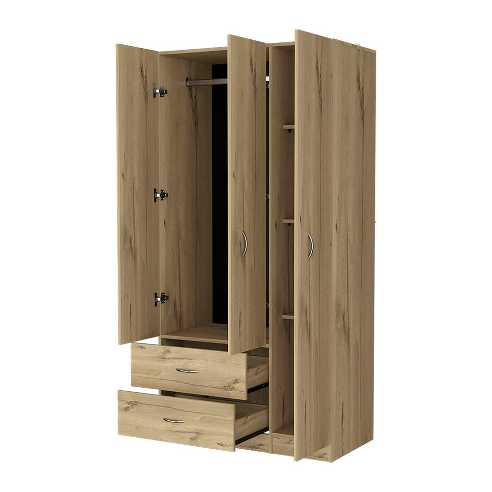 English Elm Eureka Light Oak Three-Door Armoire with Two Drawers, Closet Rod & Adjustable Shelves 70.8"H B128S00084
