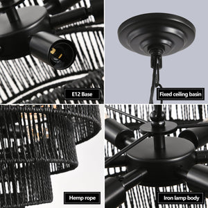 English Elm 20" Rustic 4-Tier Black Hemp Rope Chandelier – Handmade Boho Pendant Light, 6 E12 Sockets, Adjustable Height W1340P241298