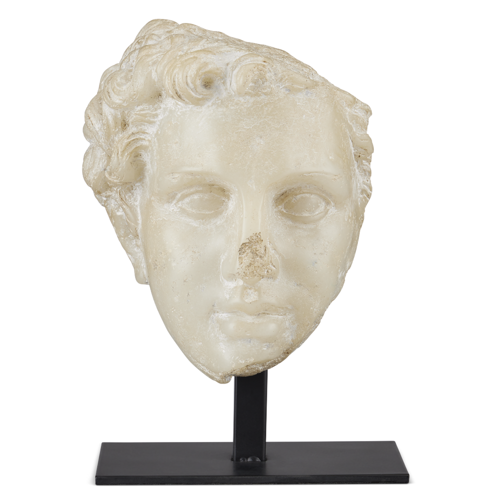 Greek Princess Head Fragment Sculpture - Aged Beige Artistry on Black Metal Base for Timeless Decor