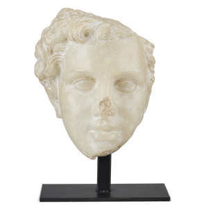 Greek Princess Head Fragment Sculpture - Aged Beige Artistry on Black Metal Base for Timeless Decor