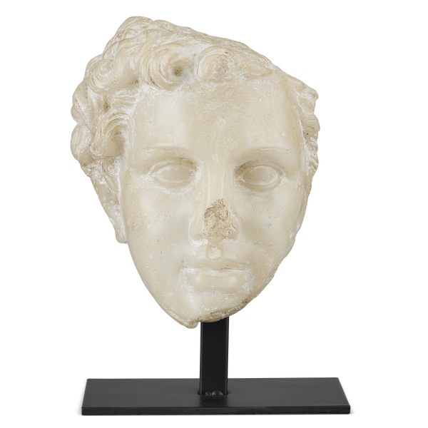 Greek Princess Head Fragment Sculpture - Aged Beige Artistry on Black Metal Base for Timeless Decor