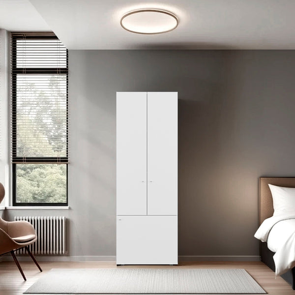 English Elm White 3-Door Tall Wardrobe Cabinet with 4 Shelves — Bright White Melamine Storage for Small Spaces and Décor B062P373777