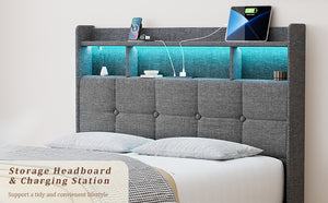 English Elm Full LED Linen Bed Frame with Headboard Storage, 2 Drawers, Fast Charging Ports & Nightlight Ambiance W1550P190364