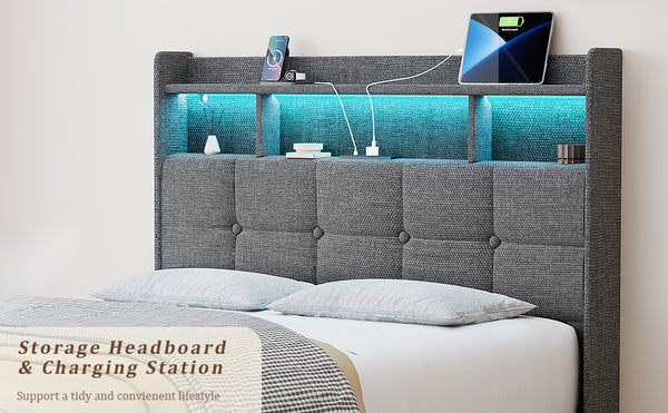 English Elm Full LED Linen Bed Frame with Headboard Storage, 2 Drawers, Fast Charging Ports & Nightlight Ambiance W1550P190364