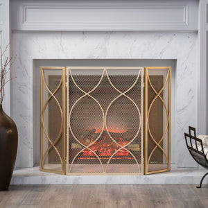 English Elm Christopher Knight Home® - FIRE Gold Iron Fireplace Screen 32.5x24.75 Inch Decorative Heat-Resistant Protective Cover, Elegant 65182.00GLD