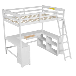 English Elm Full Loft Bed with U-Shaped Workstation, Built-In Drawers, Shelves & Cabinet for Space Saving White GX001039AAK