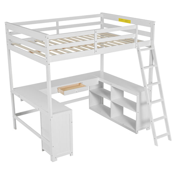 English Elm Full Loft Bed with U-Shaped Workstation, Built-In Drawers, Shelves & Cabinet for Space Saving White GX001039AAK