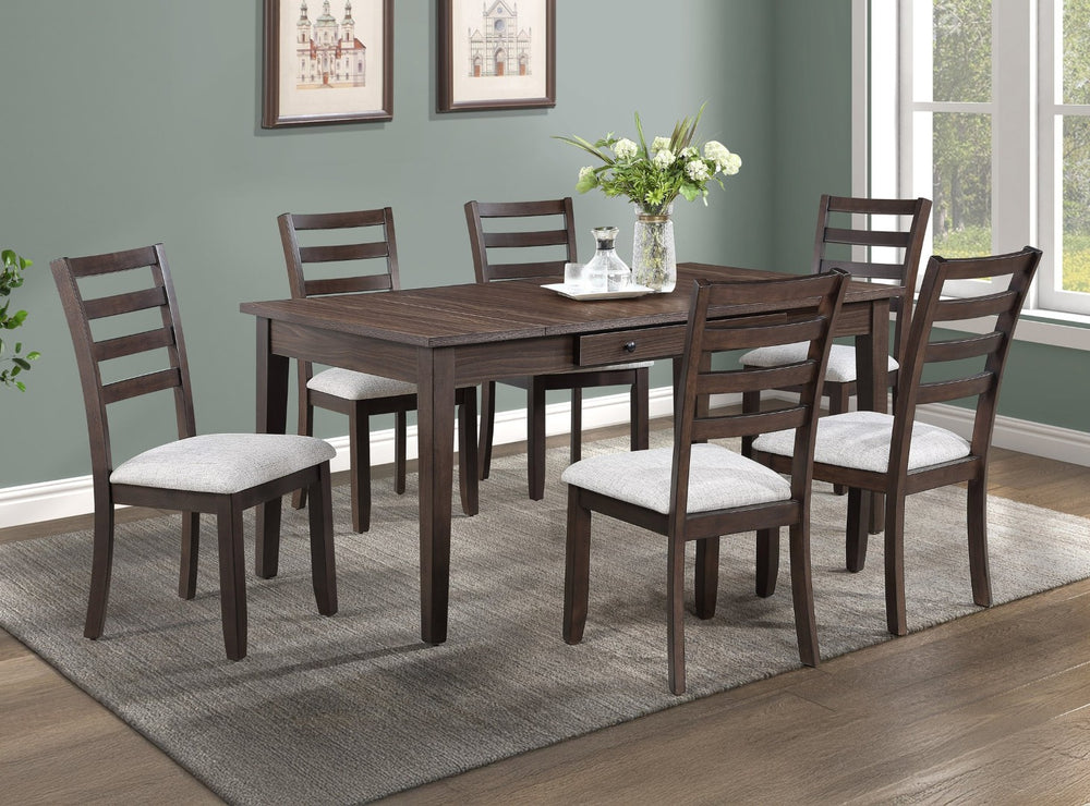 English Elm 7pc Rectangular Wood Dining Set with Hidden Storage Drawers and Upholstered Ladder Chairs B011S02301