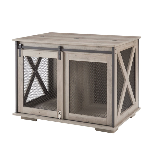 English Elm Farmhouse Dog Cage Crate Furniture with Sliding Barn Door, Secure Metal Latch, Flip-Up Top Access and Removable Divider for Small to Large Dogs (40.94x30.51x6.69) Gray Wash W2275P164727