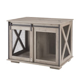 English Elm Farmhouse Dog Cage Crate Furniture With Sliding Barn Door, Farmhouse Wooden Dog Kennel End Table With Flip-Top Plate Dog House With Detachable Divider For Small/Medium/Large Dog Gray