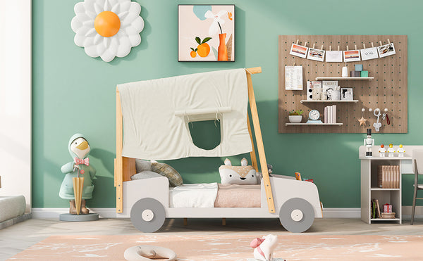 English Elm Wood Full Size Car Bed with LED Night Lights, Pine Frame, Imaginative Canopy & Cozy Pillow (Natural) WF309289AAM