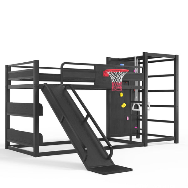 English Elm Twin Xl Metal Loft Bed with Climbing Wall Slide Basketball Hoop and Bookshelves W1580S00588