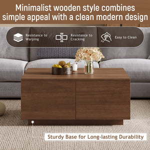 English Elm 33.25" Square Coffee Table with 4 Drawers — Minimalist Modern MDF Design, Space-Saving Durable Centerpiece Walnut N735P277298D