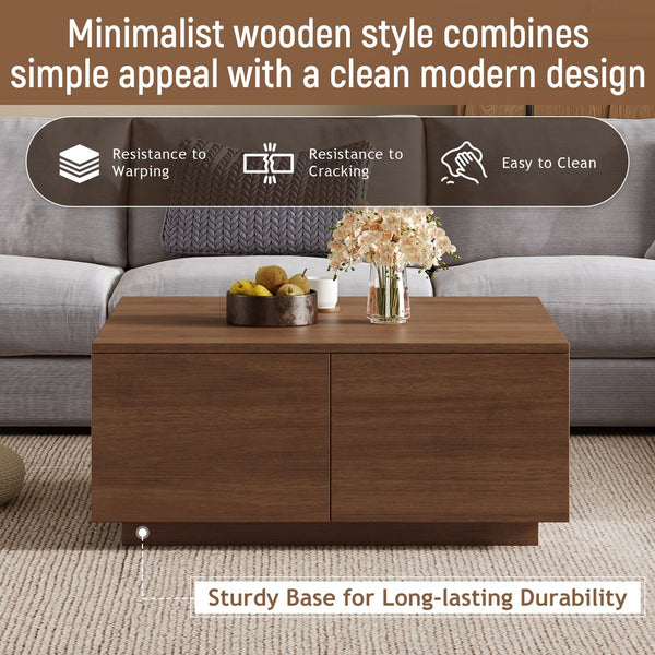 English Elm 33.25" Square Coffee Table with 4 Drawers — Minimalist Modern MDF Design, Space-Saving Durable Centerpiece Walnut N735P277298D