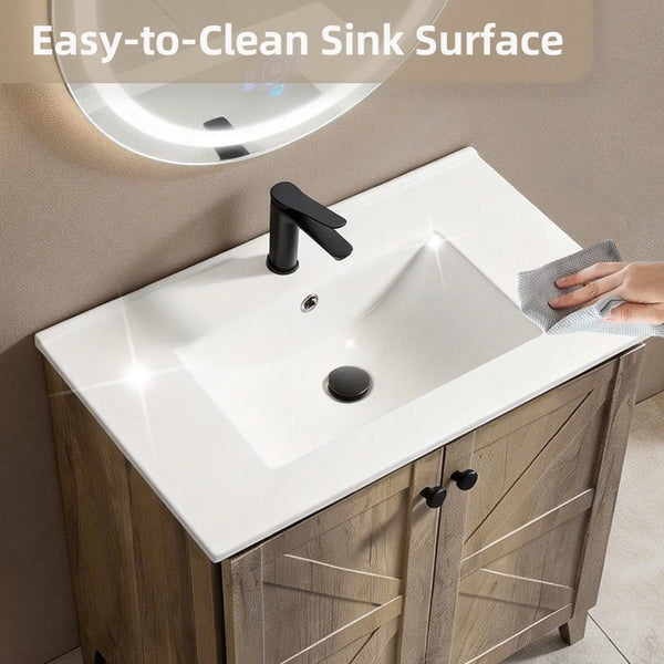 English Elm 30 Inch Floating Bathroom Vanity Fluted Wood Grain Front with Ceramic Integrated Sink Antique Grey W3520S00032