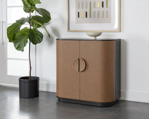 Sunpan Dresden Bar Cabinet - Mid-Century Elegance with Smoke Grey Oak, Faux Leather Doors & Wine Storage