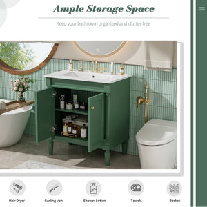 English Elm 30" French Style Bathroom Vanity with Ceramic Basin Soft Close Doors Wood Legs Green N710P415327F