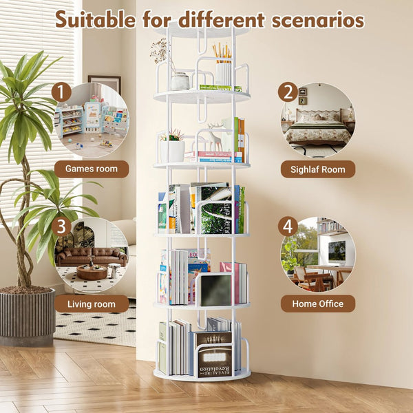 English Elm Rotating 5 Tier Spinning Bookcase Tower Slim 360 Degree Turntable Metal Frame Organizer White W3166P366971
