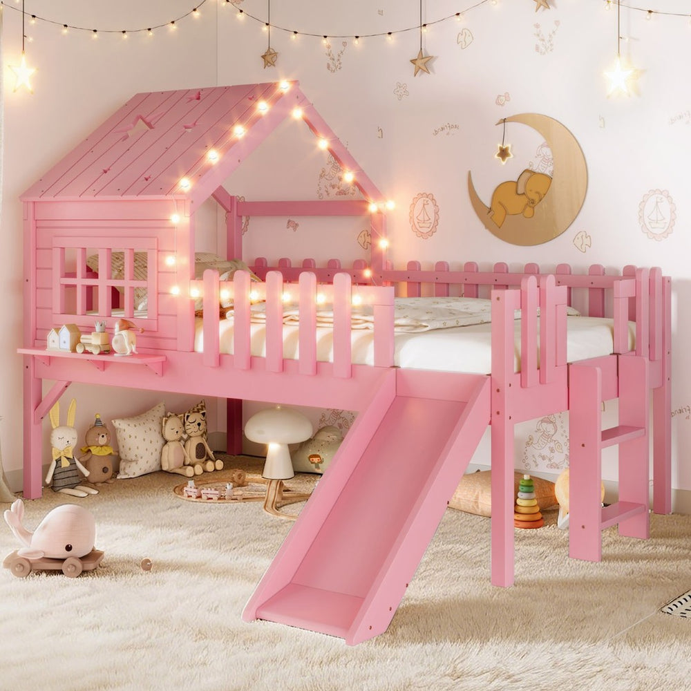 English Elm Twin Playhouse Loft Bed Solid Pine Frame with Slide Led Lights and Star Roof Pink W5316S00003