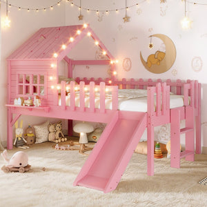 English Elm Twin Playhouse Loft Bed Solid Pine Frame with Slide Led Lights and Star Roof Pink W5316S00003