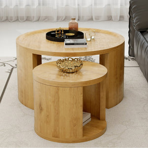 English Elm Round Nesting Coffee Tables with Wood Grain Tops Minimalist Set for Living Room W1727S00091