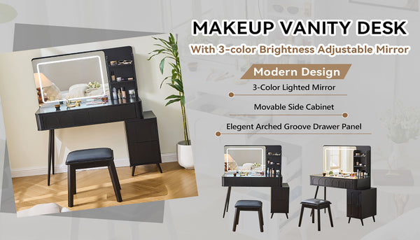 English Elm Modern Makeup Vanity Desk with Slide-Out Cabinet, LED Mirror, 4 Soft-Close Drawers & Cushioned Stool Black N844P257529B