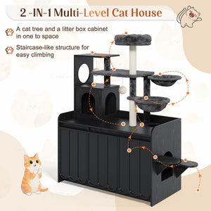 English Elm 50.6" Modern Cat Tower with Hidden Litter Enclosure Sisal Posts and Dual Hammocks N704P443505B