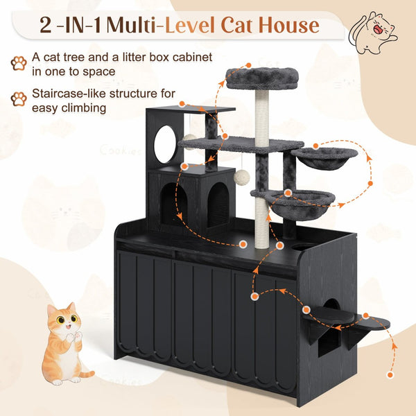 English Elm 50.6" Modern Cat Tower with Hidden Litter Enclosure Sisal Posts and Dual Hammocks N704P443505B