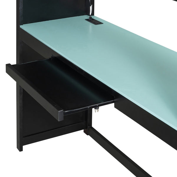 English Elm Full Size Wood Loft Bed with Wardrobe Desk Shelves Rgb Lighting and Blackout Curtains Black+Blue LT000269AAC-1