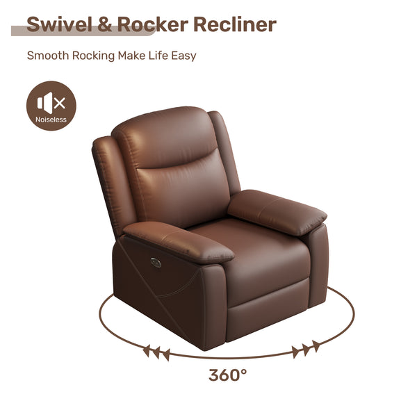 English Elm Rocker Power Recliner with USB Charging Port and 360° Swivel, Ergonomic Overstuffed Comfort Dark Brown W3795P357748