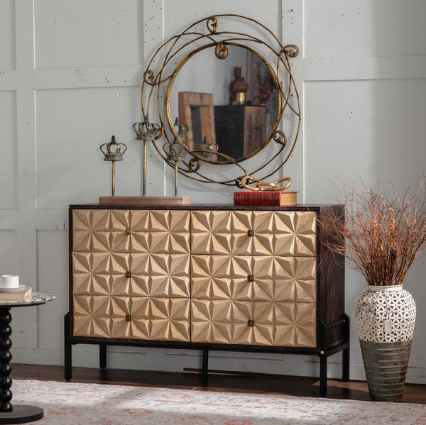 English Elm Solid Wood Sideboard With Geometric Design - 6 Drawer Mid Century Modern Storage Cabinet For Home Decor W3158P351692-GIGA
