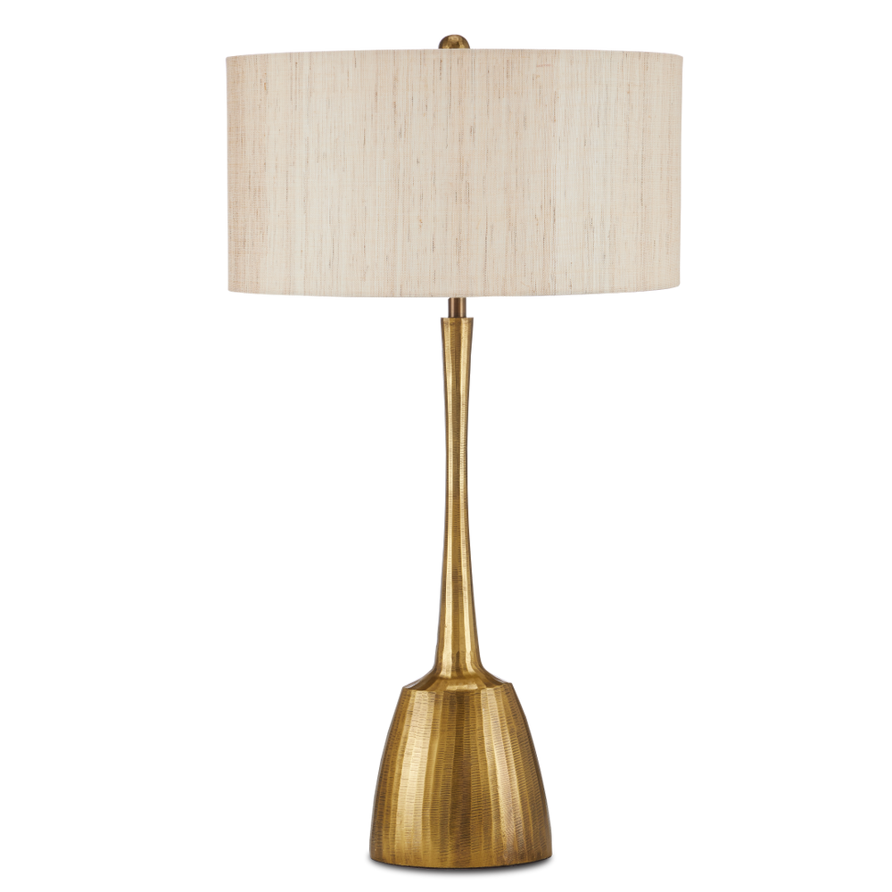 Cheenee Antique Brass Table Lamp – Modern Brutalist Design with Textured Linen Shade, 33.5” Height