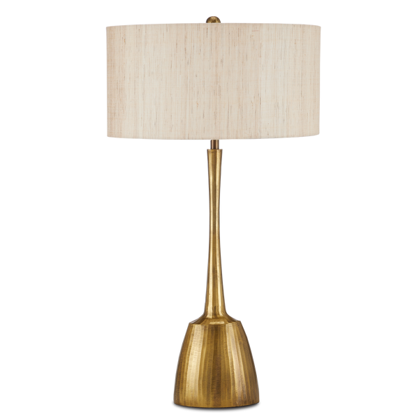 Cheenee Antique Brass Table Lamp – Modern Brutalist Design with Textured Linen Shade, 33.5” Height