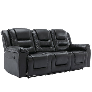 English Elm Home Theater Recliner Set Manual recliner with wide armrests, dual cup holders, durable PU upholstery, sturdy iron frame and foam comfort for living room and bedroom relaxation Black SG001460AAB