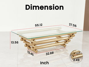 English Elm 55" Modern Stainless Steel Coffee Table with Clear Tempered Glass Top, Gold Finish, Industrial Chic Elegance W2978S00009