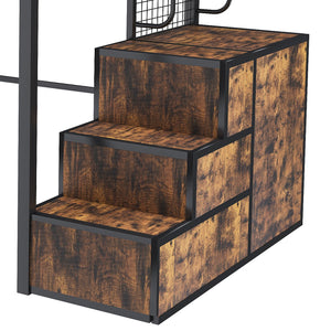 English Elm Full Loft Bed with Desk, 4 Cabinets & Staircase Storage — Metal Frame, Built-In USB/Outlets, Space-Saver Black W2700S00061