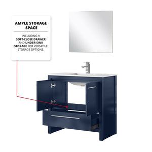 English Elm Navy Blue Bath Vanity Set With White Quartz Top, Chrome Faucet & Matching 28-Inch Mirror Ensemble B2731S02063