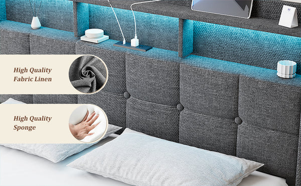 English Elm Queen LED Linen Platform Bed with USB-C/A Charging, 2 Drawers, Memory Foam Headboard, Light Gray W1550P190365