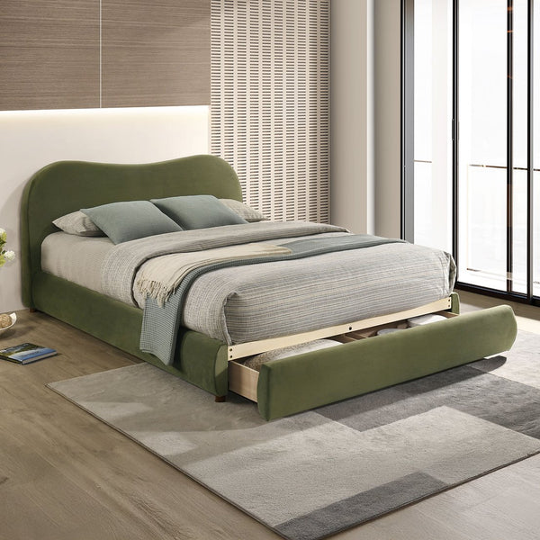 English Elm Olive Curved Upholstered Queen Bed with Built-In Footboard Drawer, Solid Wood Frame, Luxurious Velvet Finish Olive Green 32 L x 21 W x 15 H B2741S00716