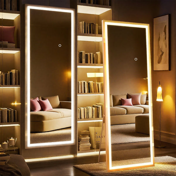 English Elm 63x24 Inch LED Full Length Mirror with 180 LEDs, Dimmable 3-Color Temps, Shatterproof Tempered Glass Frame T3757P347063