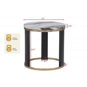 English Elm 24" Icelandic Ivory Faux Marble End Table with Brass Frame and Dark Wood Legs, 24" Round Accent Table B011P355863
