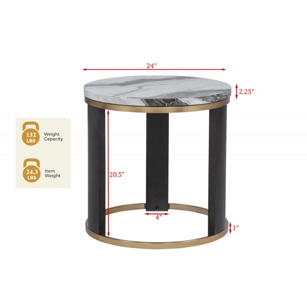 English Elm 24" Icelandic Ivory Faux Marble End Table with Brass Frame and Dark Wood Legs, 24" Round Accent Table B011P355863