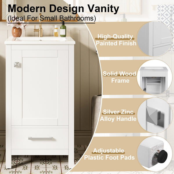 English Elm 18-Inch Modern Bathroom Vanity with Ceramic Sink, Soft-Close Doors, Divider Drawer & Adjusting Feet White N729P334854K
